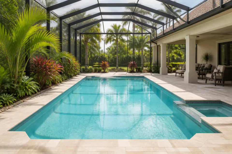 A screened Tampa residential pool surrounded by tropical landscaping