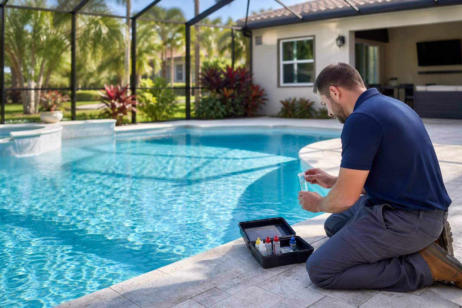 A pool technician testing the water at a screened Tampa backyard pool